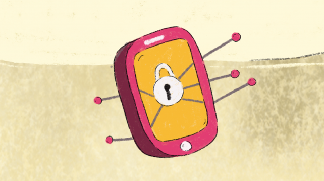 Image shows a pink and yellow phone with an encryption sign, over yellow background.