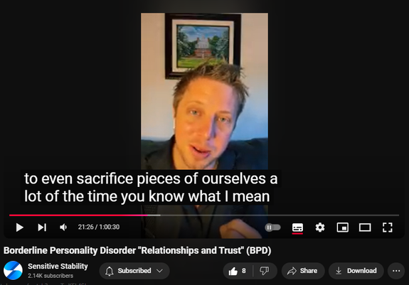 https://www.youtube.com/watch?v=jqgVdKoWH2o
Borderline Personality Disorder "Relationships and Trust" (BPD)


76 views  15 Oct 2024
In this episode of the BPD Live Show with Sensitive Stability, host Kevin Reynolds discusses the topic "Relationships and Trust". As a BPD survivor himself, Kevin provides insights into his process of coaching clients through BPD, emphasizing the importance of personal connections and understanding individual stories.