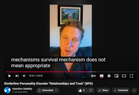 https://www.youtube.com/watch?v=jqgVdKoWH2o
Borderline Personality Disorder "Relationships and Trust" (BPD)
76 views  15 Oct 2024
In this episode of the BPD Live Show with Sensitive Stability, host Kevin Reynolds discusses the topic "Relationships and Trust". As a BPD survivor himself, Kevin provides insights into his process of coaching clients through BPD, emphasizing the importance of personal connections and understanding individual stories.