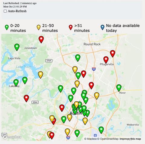 Map of Travis County early voting polling locations, showing those in outlying areas to have significant wait times