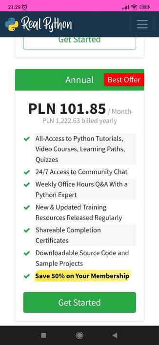 Annual offer at PLN 101.85 per month for RealPython membership.