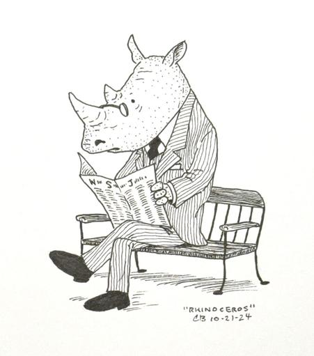 Ink drawing of an anthropomorphized rhinoceros in a pinstripe suit sitting on a park bench while reading a financial newspaper.