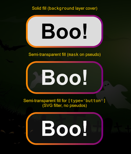 Three buttons with the text "Boo!" and a gradient border. The first has a solid background, the others a semi-transparent one.
