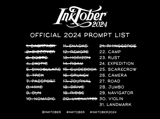 Inktober 2024 prompt list with days 1-21 crossed off.
