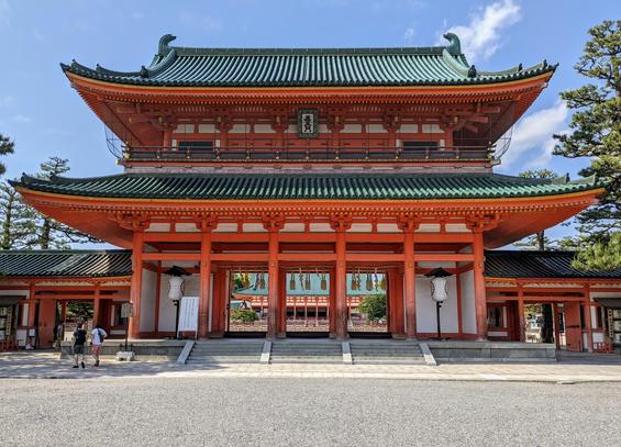 The Oten-mon gate of Heian Jingu. The shrine is home to the Jidai Matsuri, and like the festival was created in order to promote Kyoto after it lost its status of capital to Kyoto. Heian Jingu recreates Kyoto's Heian past, designed and built as part of a grand exhibition.