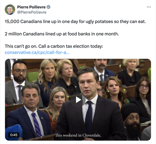 Poileve tweet reads: "15,000 Canadians line up in one day for ugly potatoes so they can eat.

2 million Canadians lined up at food banks in one month.

This can't go on. Call a carbon tax election today:  etc"

Image of video still of Poilievre speaking in Question Period 