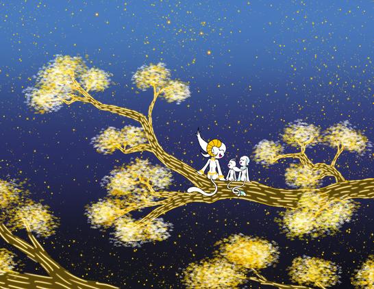 A very happy birthday gift to @Aries@troet.cafe 

Aries the Light of Kindness and the Siblings of Day and Night big sis Hikari and little brother Kage sitting together at the very top of the Enhanced Spirit Tree watching the stars. Beyond the stars, one of them shows a constellation Aries which the spirit of kindness is connected to and made her very powerful against her enemies, born with power of the Zodiacs to bring happiness, support, and safety for all lights of Nibel. A very beautiful sight to see through the night. ✨🌟⭐