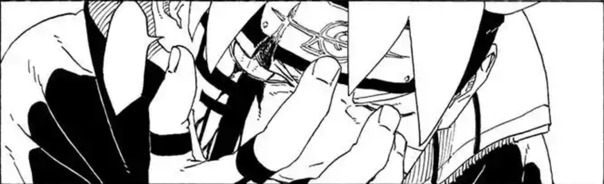 Momoshiki appearing after Kawaki slashes Boruto from the manga series Boruto: Naruto Next Generations Chapter 78.