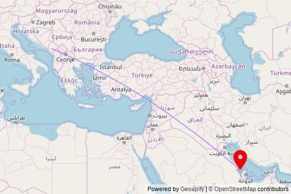 A map showing the great circle route from Ribljak in undefinedMontenegro to a map pin at The Cathedral of Our Lady of Arabia, Road 4642, Awali, Bahrain