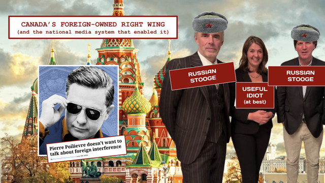 Against a decidedly Russian background a beaming Danielle Smith stands between Tucker Carlson and Jordan Peterson, both wearing  ushankas and red labels that say "RUSSIAN STOOGE" while Smith;s label reads "USEFUL IDIOT (at best). Enclosed is a stylized shot of Poilevre looking suspicious in a pair of shades with the headline "Pierre Poilievre doesn't want to talk about foreign interference." 

Ttile content reads "CANADA'S FOREIGN-OWNED RIGHT WING (and the national media system that enabled it)"