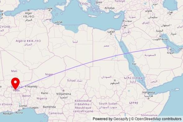 A map showing the great circle route from Awali in Bahrain to a map pin at Église Israël Vainqueur, Boulevard de L'Insurrection, Ouagadougou, Kadiogo, Centre, Burkina Faso