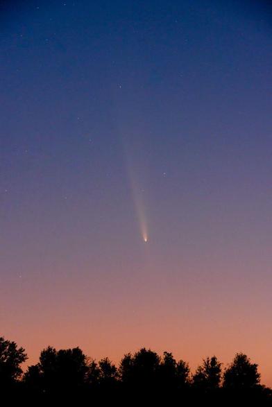 Comet A3 is seen against a sunset sky, blue at the top and peach-orange at the bottom. The silhouette of a line of tree is at the lower edge of the photo. The comet extends at an slight angle with the tail going up and to the left of the coma/nucleus. A faint anti-tail can be seen extending in the opposite direction. Stars can be seen near the top of the photo.