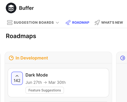 The transparent Buffer product roadmap, with an item called "Dark mode" listed as "in development" 
