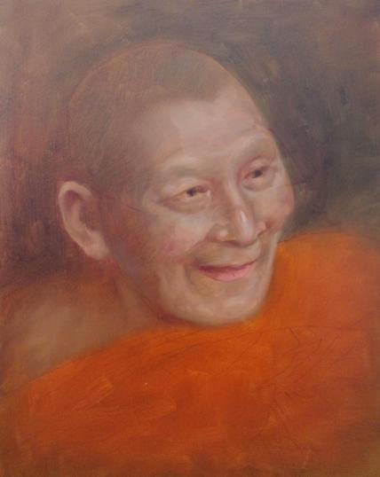 a painting being made, done in light tones, a smiling elder monk seen from his chest up, smiling and looking to the right 