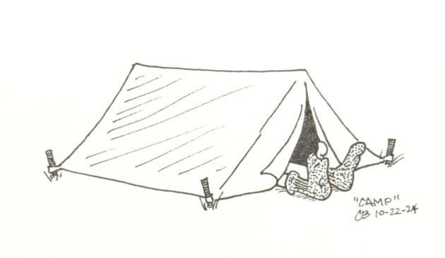 Ink drawing of a small tent, with the occupant's feet extending through the flap opening. They're wearing worn out socks: one toe is exposed.