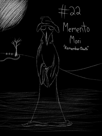 Black with white lines. Plague doctor standing in the middle of a field with hills in the background and mist around them. There is a massive full moon in the top left corner. There is a tall, leafless tree next to three graves on the top of the left hill, with a path winding around it. The plague doctor has an unusually long neck and what appear to be feathers around his neck. He has his arms folded in front of him, hands grasping each other under long sleeves. His attire is a long robe.