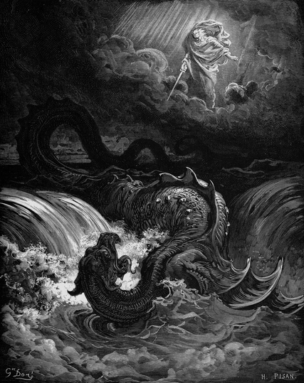 a painting of a figure appearing from clouds, glowing, pointing a sword at a     large demon dragon writhing in the churning waters below 