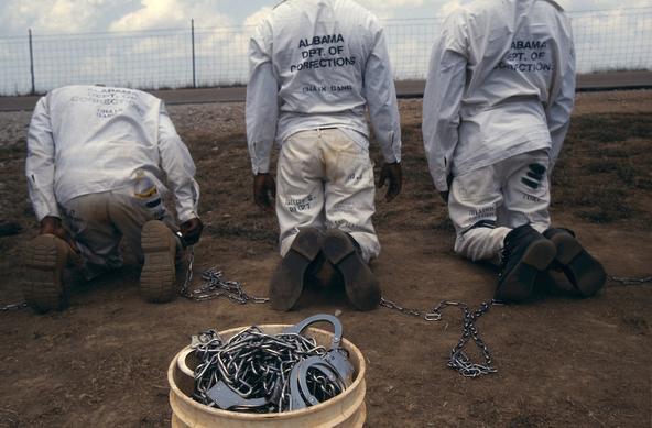 Three prisoners wearing Alabama Department of Corrections uniforms and chains are kneeling in the dirt .