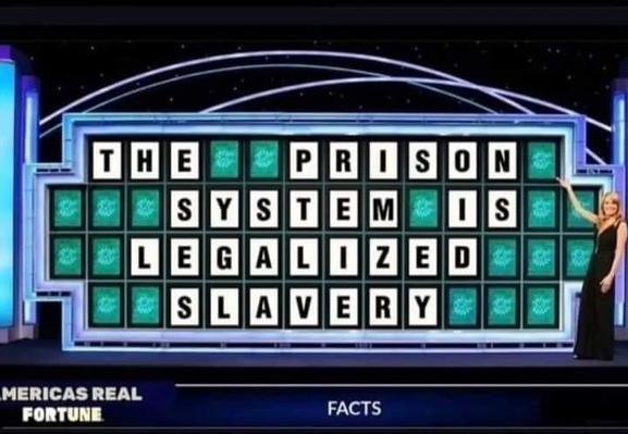 Mock up from a Game Show spelling out

THE. PRISON  SYSTEM. IS  LEGALIZED. SLAVERY 

Americas Real FORTUNE
FACTS 