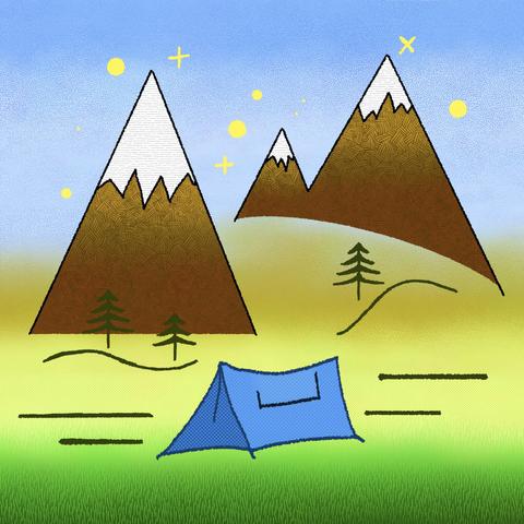 A simple, colorized line drawing of a tent set up in a campsite with hills, trees, and mountains in the background.