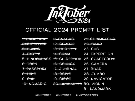 Inktober 2024 prompt list with days 1-22 crossed off.