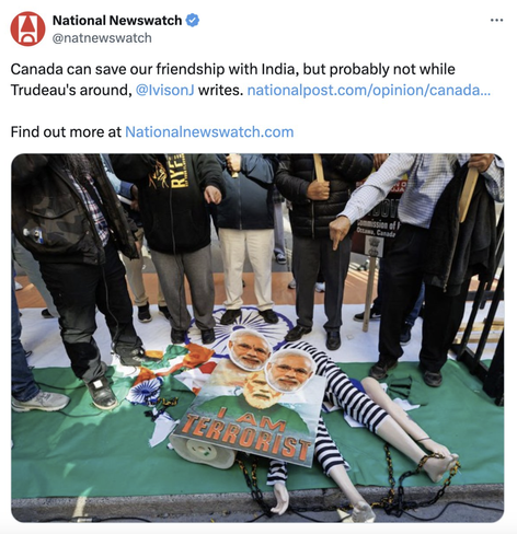 National News Watch twitter screenshot quoting a National Post article, content reads "Canada can save our friendship with India byt probably not while Trudeau's around, [John Ivison] writes"