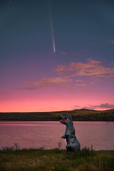 A “dinosaur” looks up at the sky as a burning light streaks across the sky and starlight at sunset….faraway hills are dark; a red, orange and pink sunset/dawn on horizon and pink clouds reflect ina body of water / lake.