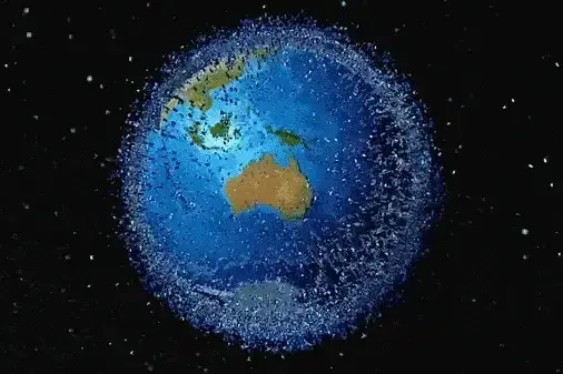 Earth rotates Australia is centre of globe as seen from afar and a myriad/lots of small space satellites and debris circulate around the planet Earth.