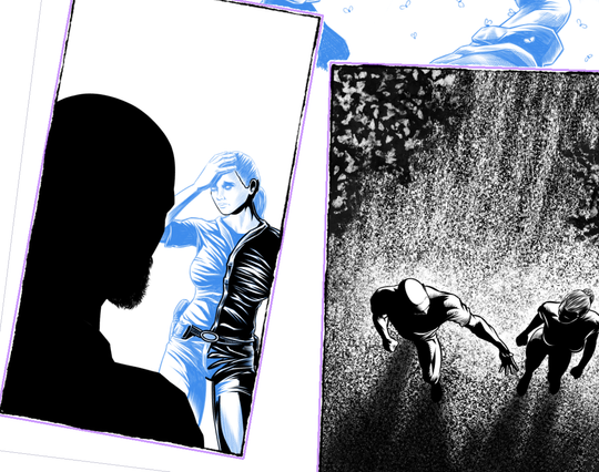Image of two comic book panels in progress. One depicting a female cop receiving strange news. The other panels shows both characters walking through the woods, talking. 