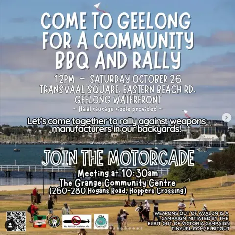 Text:
Come to Geelong for a community BBQ and Rally.

12pm - Saturday October 26th 2024

Transvaal Square, Eastern Beach Road
Geelong Waterfront.
Halal sausage sizzle provided. 

Let’s come together to rally against weapons manufacturers in our backyards !

Join the Motorcade 
Meeting at 10.30am 
The Grange Community Centre
260 - 280 Hogans Road, Hoppers Crossing.

Image: photograph of the Geelong waterfront 
