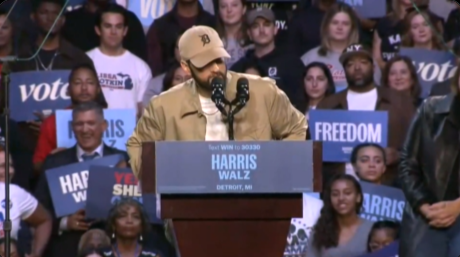 Rapper Eminem introduces former President Barack Obama at a Detroit rally for Vice President Kamala Harris.