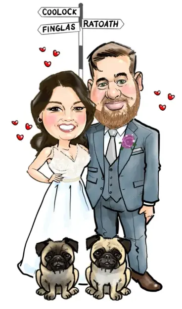 Caricature newlywed couple signposts dogs pugs
