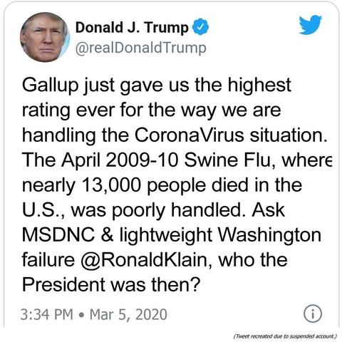 A 2020 Tweet where Trump declared 13,000 Swine Flu deaths proved Obama mishandled the H1N1 outbreak.