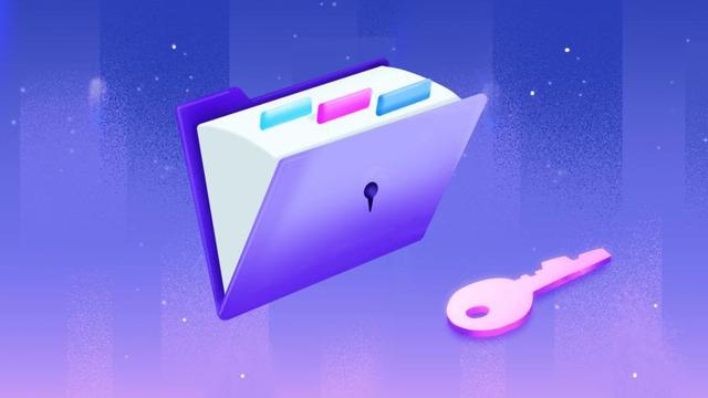 Illustration shows a secure folder with tabs, featuring a key that may represent encryption or access control, set against a gradient background with a cosmic or digital theme.