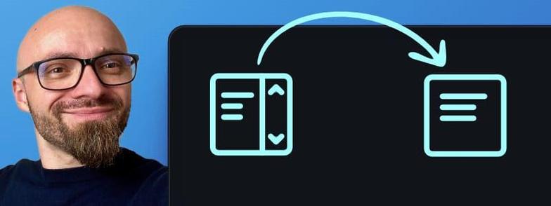Zoran Jambor smiling on blue background with icons of websites with and without scrollbar, pointing arrow from the one with scrollbar to the one without