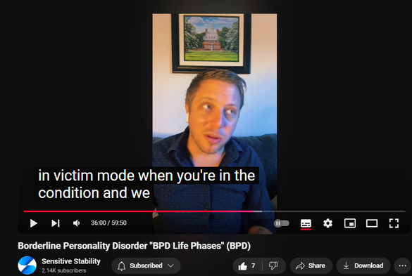 https://www.youtube.com/watch?v=XLGo_dsbvAw
Borderline Personality Disorder "BPD Life Phases" (BPD)

50 views  17 Oct 2024
In this episode of the BPD Live Show with Sensitive Stability, host Kevin Reynolds discusses the topic "BPD Life Phases". What it is like living with BPD. As a BPD survivor himself, Kevin provides insights into his process of coaching clients through BPD, emphasizing the importance of personal connections and understanding individual stories.