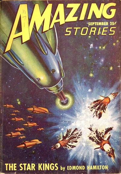 Cover der September-Ausgabe von "Amazing Stories" 1947, zu sehen ist ein Schwarm raketenförmiger Raumschiffe, drei davon wurden durch eine Explosion zerrissen...