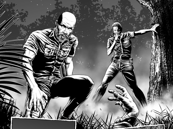 Image from a upcoming true crime graphic novel depicting a sheriff and deputy stumbling upon a crime scene in the woods. 