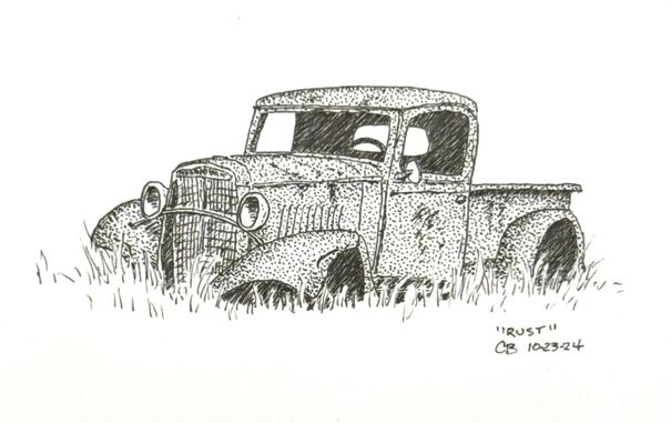Ink drawing of a rusted old pickup truck sitting in a weed-filled field.