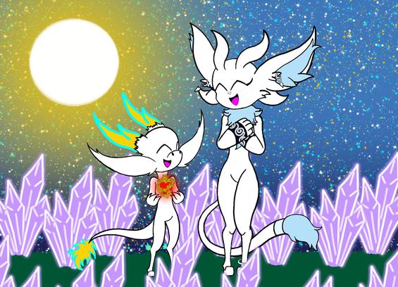 A gift for Saphira (@HoloceSaphira) from twitter and discord

Little Ryusei giving Safi the Dragon Heart in the crystal fields on a very beautiful starry night. 💖✨🌕🐲💎

Safi the spirit belongs to Saphira (@HoloceSaphira)
Ryusei the Soaring Dragon belongs to me