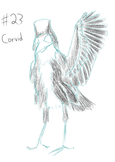 Sketch of a crow with large growths over the eyes that look like round circles and a growth of feathers akin to a hat. One wing is stretched out. Feathers set up to evoke a suit