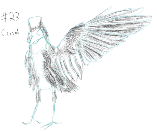 Sketch of a crow with large growths over the eyes that look like round circles and a growth of feathers akin to a hat. One wing is stretched out. Feathers set up to evoke a suit. AND the wing isn't absolute crap! Like I can actually work with this for a good copy later on!
