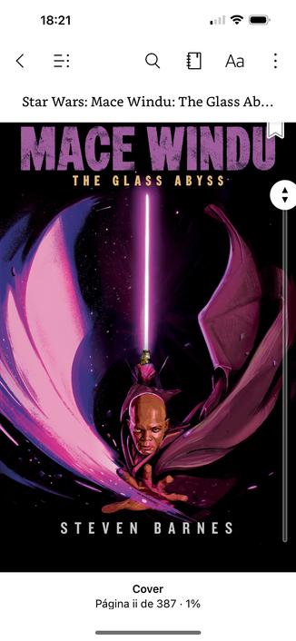 Cover for Mace Windu: The Glass Abyss showing the titular character wielding his purple lightsaber. His cape and hand movement creating the appearance of the Jedi Order symbol. 