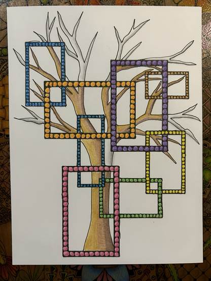 Drawn tree behind interlocked rectangles, with coloured balls inside the rectangle frames. Tree is coloured brown where its inside the rectangles and shaded with pencil where its outside the rectangles 
