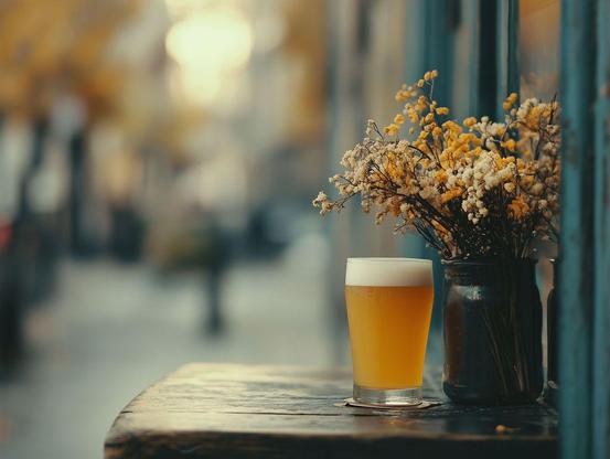 Das Bild zeigt ein Glas Bier, das auf einem rustikalen Tisch steht. Das Bier ist hell und hat eine leichte Schaumkrone. Daneben befindet sich eine Vase mit getrockneten gelben und weißen Blumen. Im Hintergrund ist eine Straße oder ein Café mit unscharfem Fokus zu sehen, was eine ruhige, gemütliche Atmosphäre vermittelt. Die Beleuchtung ist warm und herbstlich.