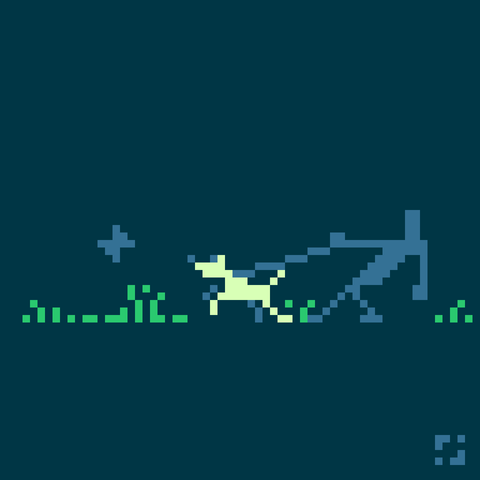 Pixelart: A man is being dragged by a dog excited by a butterfly. 4 color palette.