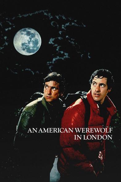 The movie poster for An American Werewolf in London features two young men, both appearing anxious and alert, set against a dark, ominous night sky. Behind them, a large, bright full moon looms prominently in the center, surrounded by wispy clouds. The two men are wearing backpacks, suggesting they are on some sort of journey or adventure. One man, on the left, is wearing a dark jacket, while the other, on the right, is in a bright red puffy jacket. Their expressions are tense, as if they are reacting to something dangerous or unexpected, possibly hinting at the supernatural events that the film's title suggests. The title of the film is written in bold white letters below them: An American Werewolf in London. The overall mood of the poster is suspenseful and eerie, with the full moon hinting at the werewolf theme of the movie.