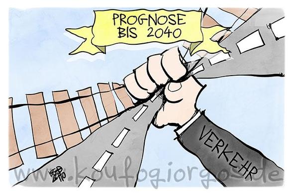 Karikatur: Der Verkehr hat Straßen und Schienen fest im Griff (Prognose bis 2040)

