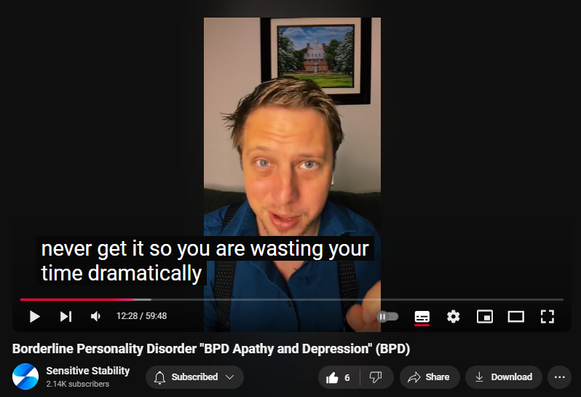 https://www.youtube.com/watch?v=w4e2PBoRgk0
Borderline Personality Disorder "BPD Apathy and Depression" (BPD)
 
 views  
23 Oct 2024
In this episode of the BPD Live Show with Sensitive Stability, host Kevin Reynolds discusses the topic "BPD Apathy and Depression". What it is like living with BPD. As a BPD survivor himself, Kevin provides insights into his process of coaching clients through BPD, emphasizing the importance of personal connections and understanding individual stories.