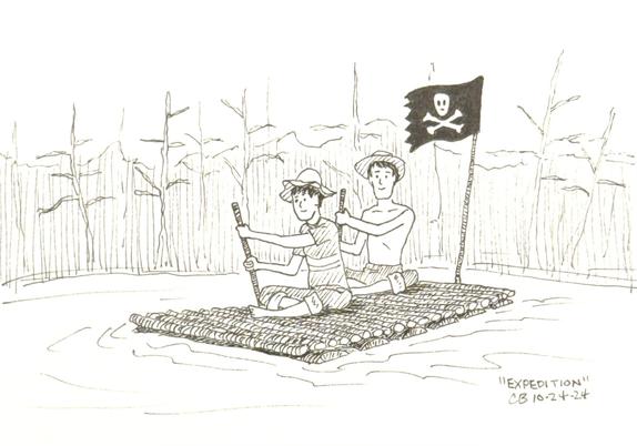 Ink drawing of two young boys paddling a homemade raft that is flying a pirate flag.